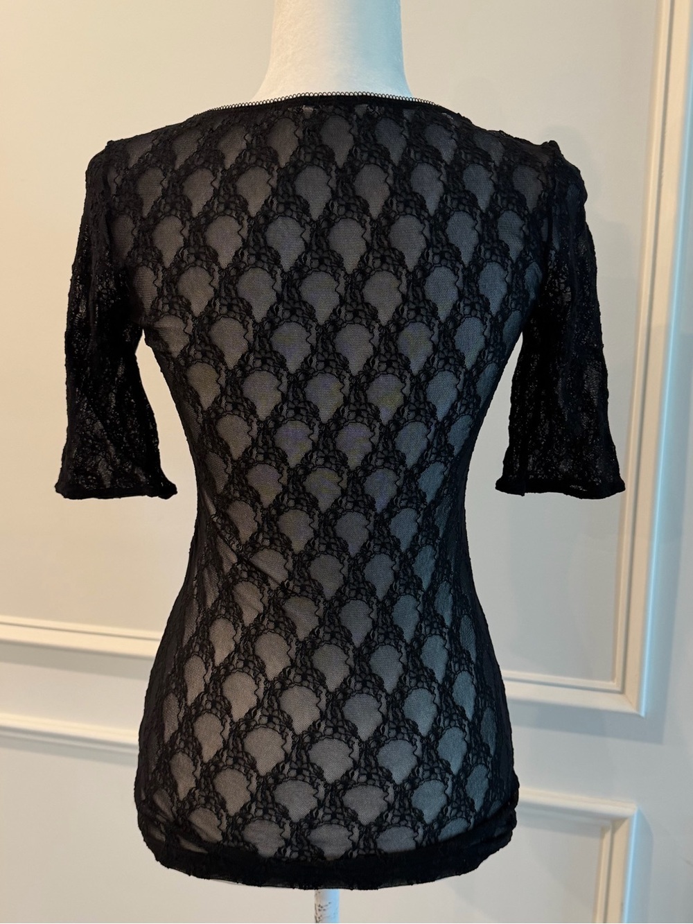 Wolford Black Sheer Lace Top Fitted Stretch Short Sleeve Blouse Size L - Picture 10 of 10